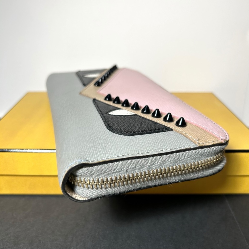 Fendi Monster Eyes Cont. Zip Around Leather Wallet Full Inclusion Pink/Gray/Stud - Picture 8 of 16